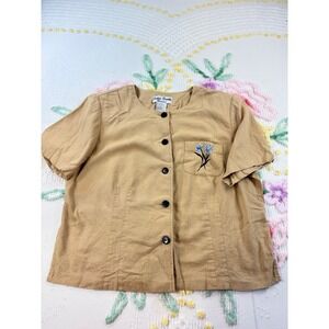 Jamie Brooke Woman Linen Blend Embroidered Pocket Button Front Short Sleeve 18 w